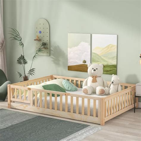 Full Floor Bed Frame for Toddler, Montessori Floor Bed with Fence and ...