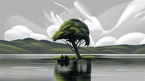 Download wallpaper 2560x1440 boat, silhouettes, art, tree, lake ...