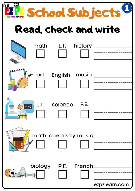 Group1 School Subjects Read Check and Write Worksheet for K5 and ...