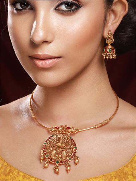 Priyaasi Goddess Laxmi Peacock Kemp Stone Gold-Plated Jewellery Set