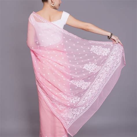 Seva Chikan Hand Embroidered Peach Georgette Lucknowi Chikankari Saree