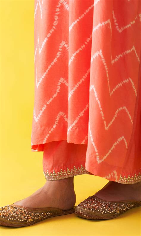 Gulzaar coral pink shibori hand embroidered kaftan with solid palazzo ...