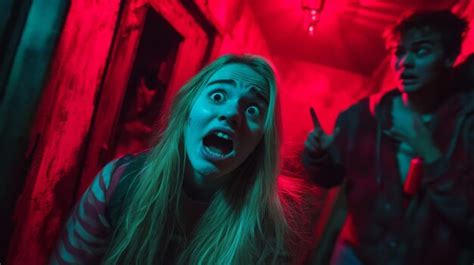 A terrified woman screams in a dark redlit hallway a man pointing at ...