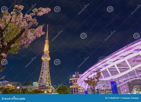 Nagoya Tv Tower in Night with Beautiful Cherry Blossom Editorial ...