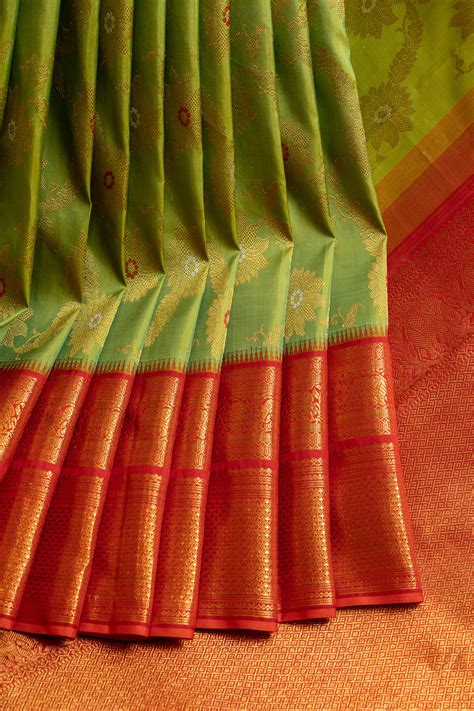 Green and red floral pure Kanchipuram silk saree – Clio Silks