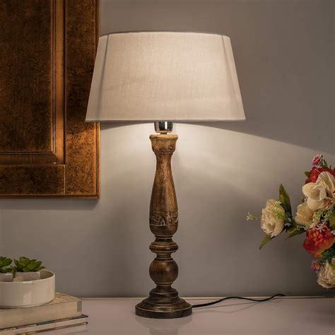 Homesake ® Floral Carved Black Wood Table Lamp with White Drum Shade ...