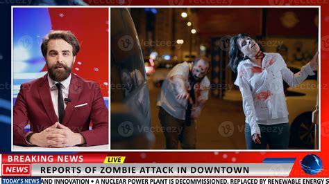 Zombie attack apocalypse news reports. Broadcaster talking about dangerous virus and infected ...
