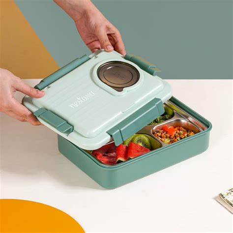 4 Grid Green Steel Lunch Box With Bowl & Spoon | Nestasia