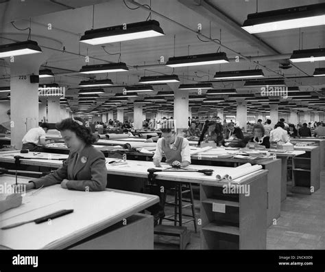 A view of one of the huge drafting rooms at the Boeing Aircraft Company ...