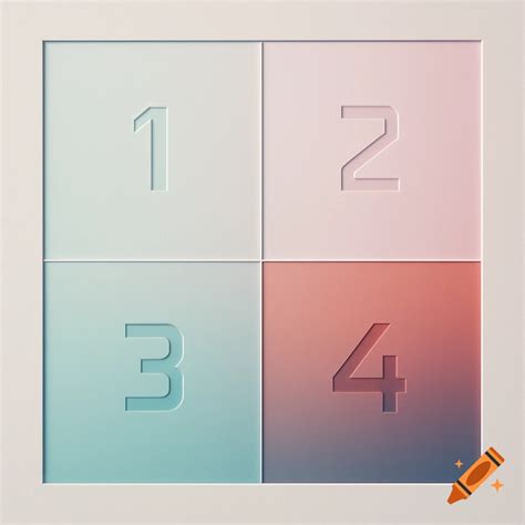 A 2x2 grid with embossed numbers 1, 2, 3, 4 on pastel gradient squares ...