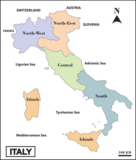 Map of Italy with five regions on colorful and white background ...