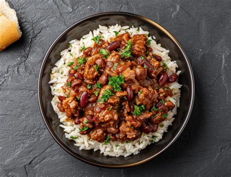 Hearty chili and rice dish on a dark background 52992295 Stock Photo at ...