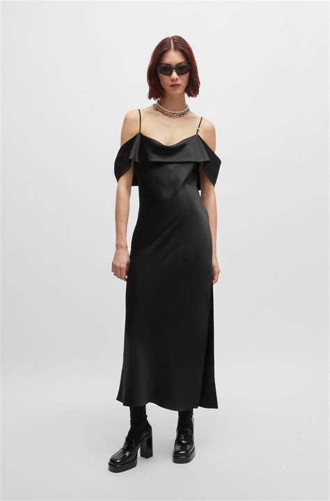 HUGO - Bardot-neckline dress in satin