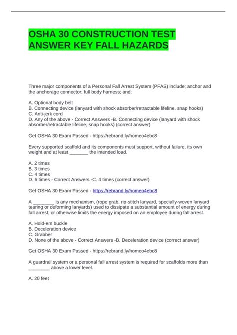 OSHA 30 CONSTRUCTION TEST ANSWER KEY FALL HAZARDS QUESTIONS AND ANSWERS ...