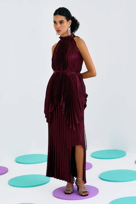 Buy Maroon Crepe Satin Solid Halter Pleated Top For Women by Pleats by ...