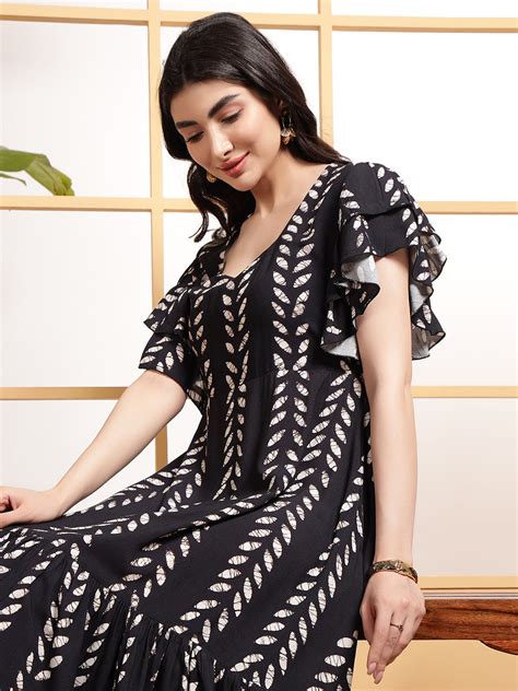 Squared Neck Leaf Print Tiered Women's Dress