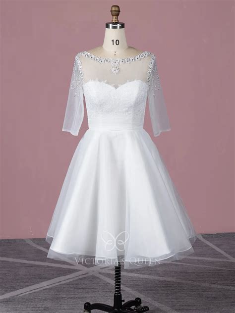 VQ Beaded Boat Neck and 3/4 Length Sleeve Tea-length Bridal Dress