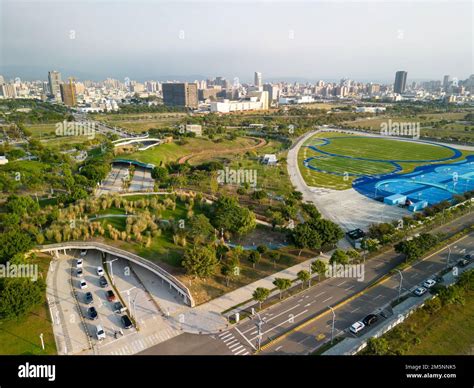 Aerial view of Taichung Central Park public basketball court. Xitun ...