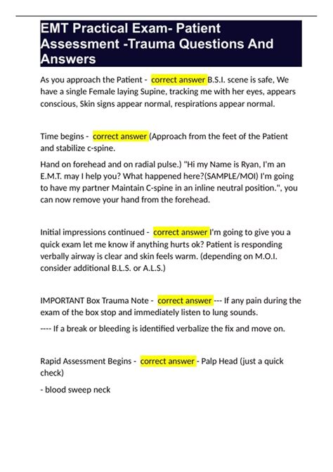 EMT Practical Exam- Patient Assessment -Trauma Questions And Answers ...