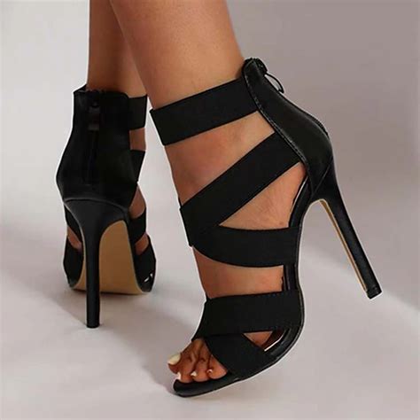 Women's Black Strappy Stiletto Heels – Open Toe, Back Zipper, Elegant ...