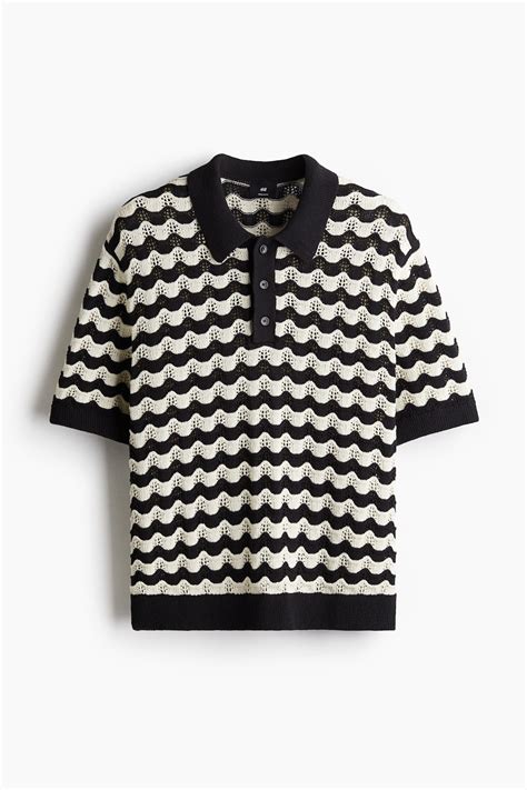 Regular Fit Pointelle-knit polo shirt - Black/Striped - Men | H&M IN