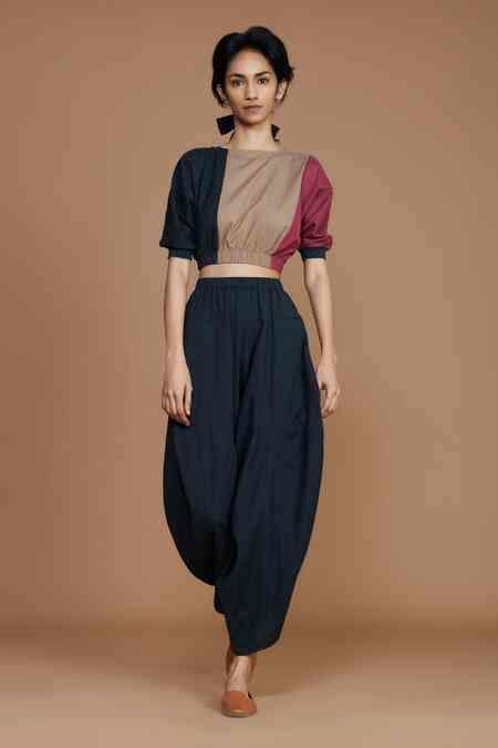 Buy Grey Cotton Colour Block High Neck Top And Dhoti Pant Set For Women ...