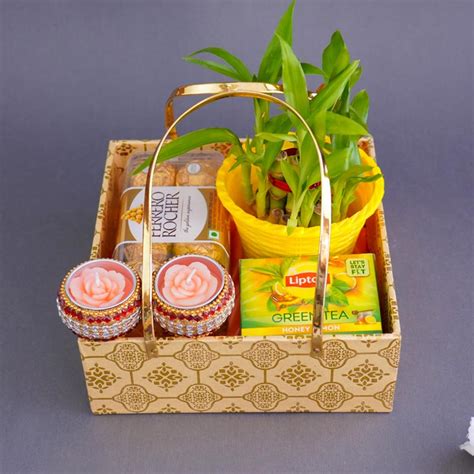 Send Chocolates N Lucky Bamboo Plant Combo in Designer Bucket Online ...