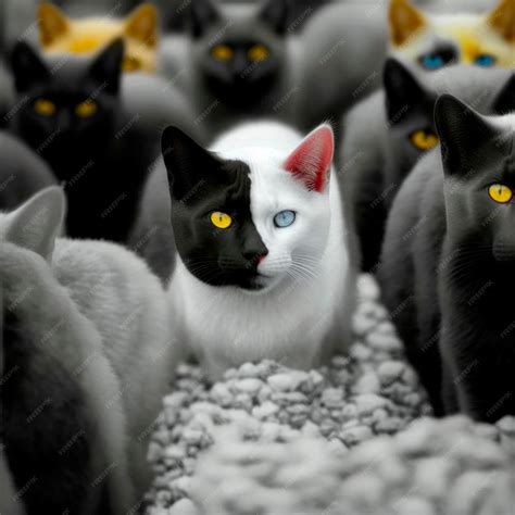 Premium Photo | White cat with half black face and yellowblue eyes ...