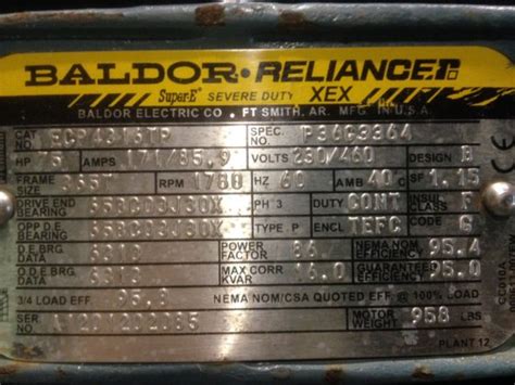 75 HP, 1780 RPM, 230/460 VOLT, BALDOR/RELIANCE 365T, INDUCTION AC MOTOR ...