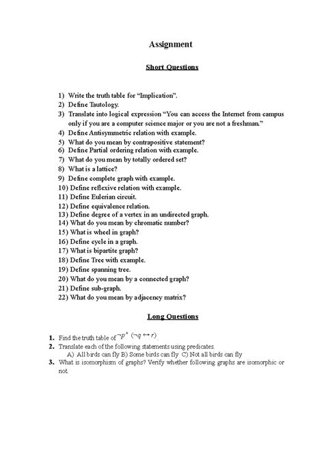 Question Bank - Assignment Short Questions 1) Write the truth table for ...