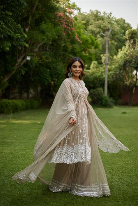 Sage Green Jacket And Sharara Set with White Thread Work – Astha Narang