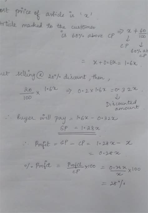 An article is marked 60% above the cost price and sold at 20% discount ...