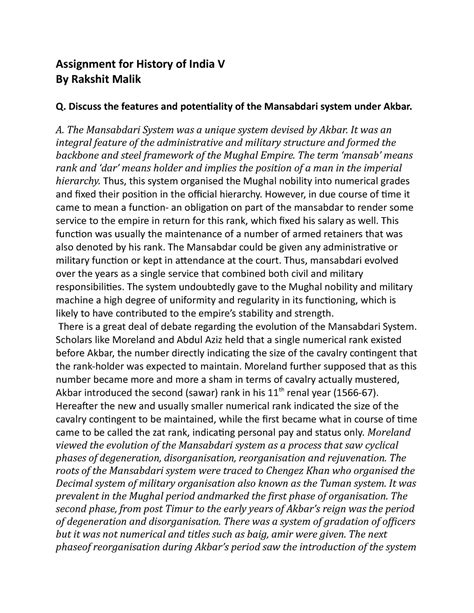 The Mansabdari under Akbar - Assignment for History of India V By ...