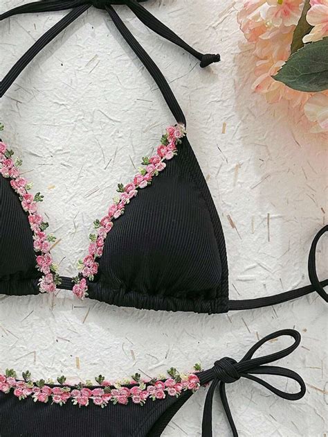 Women 2025 Summer Solid Color Rib Rose Trim Sexy Bikini Set | SHEIN ...