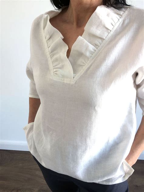 Linen Loose Wait Summer Blouse for Woman With 3/4 Kimono Sleeve and V ...