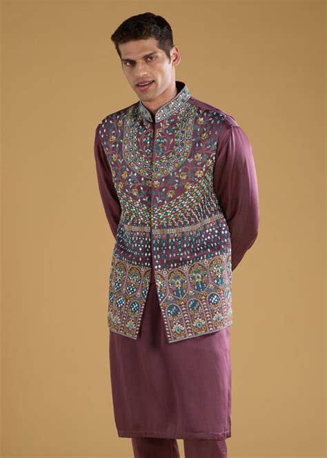 Buy Wine Linen Satin Silk Embroidered Mens Jacket and Kurta Set | KALKI ...