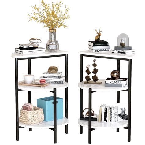 Baxluxe Marble Side Table Set with Storage Shelves, Set of 2 Round Faux ...