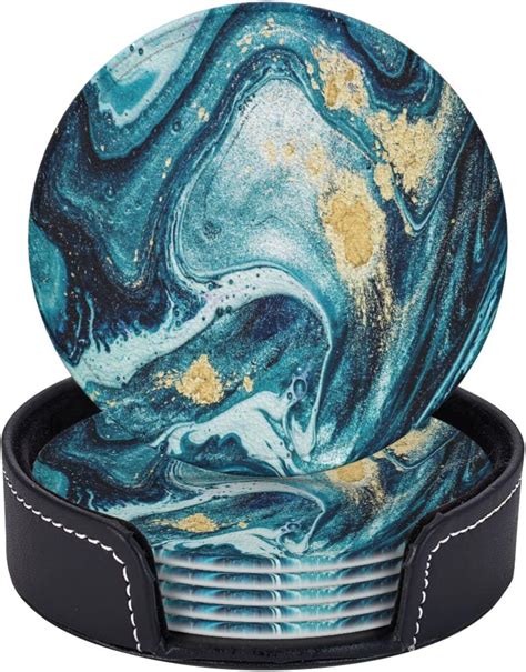 Amazon.com: Coasters for Drinks,Round PU Leather Coaster with Holder,6 ...