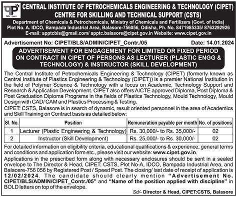 CIPET Recruitments - Contractual Positions | CIPET | Central Institute ...