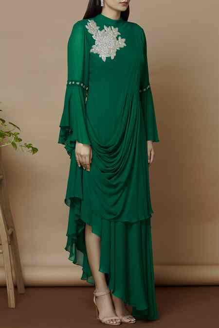 Buy Green Georgette Embroidery Mandarin Collar Draped Asymmetric Dress ...