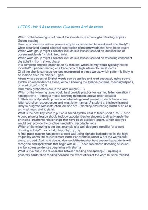 LETRS Unit 3 Assessment Questions And Answers - LETRS Unit 3 Assessment ...