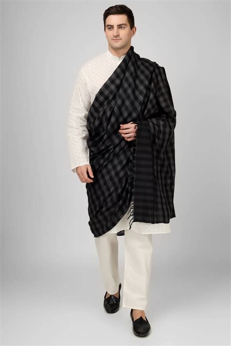 Black and gray Mens Pashmina shawl checked design – Kepra