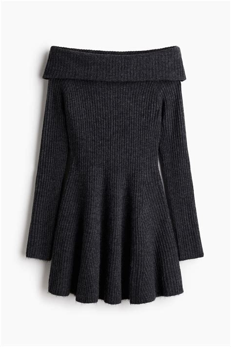 Rib-knit off-the-shoulder dress - Dark grey marl - Ladies | H&M IN
