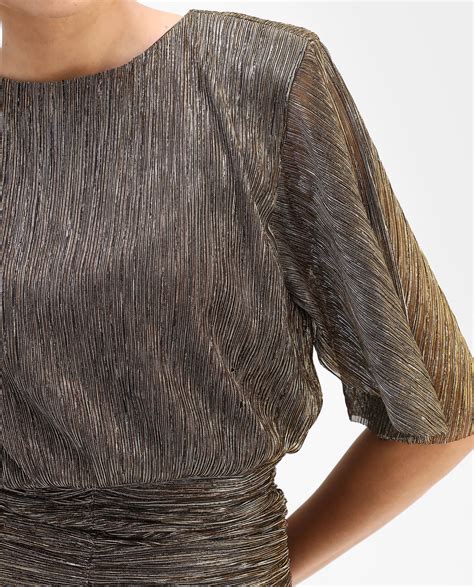 Rareism Women's Nergi Metallic Gold Polyester Fabric Short Sleeves ...