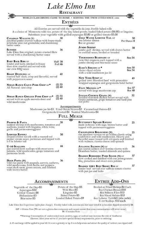 Lake Elmo Inn menus in Lake Elmo, Minnesota, United States