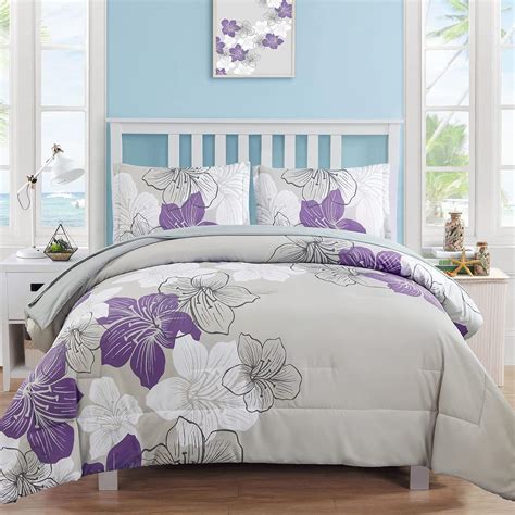 Purple Comforter Set Queen Size, Purple Floral Pattern Printed on Light ...