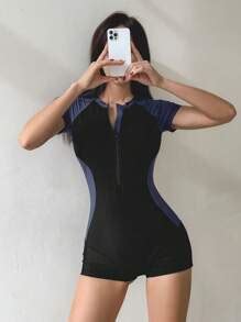 DAZY Short Sleeve Round Neck One-Piece Swimsuit With Right Angle Hem ...