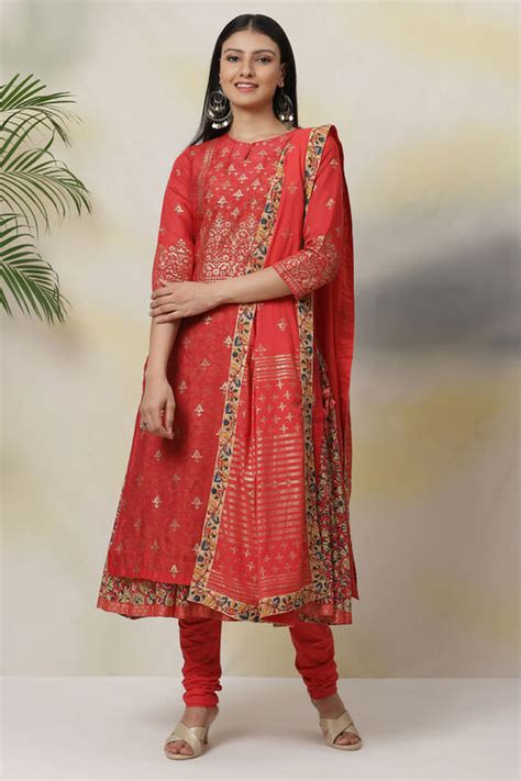 Red Art Silk Double Layered Kurta Churidar Suit Set at Biba India