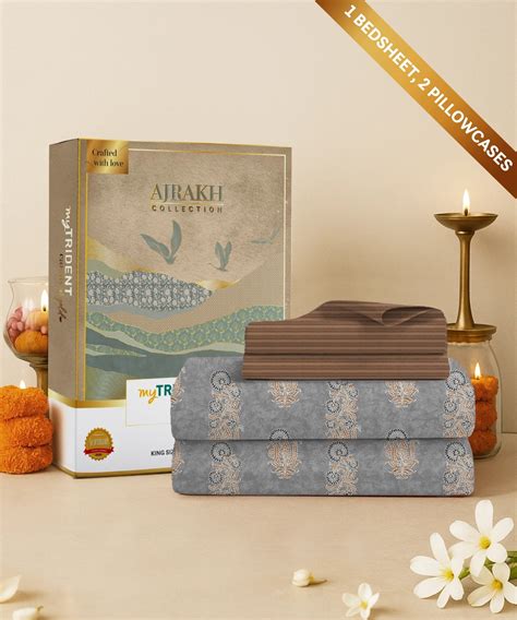 Carnival Ajrakh King Bedsheet Gift Set,Katha Grey|144 TC Cotton|2 Pill ...