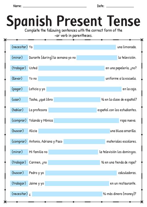 Spanish Present Tense Worksheet